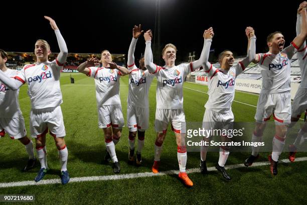 Players of Telstar celebrate the victory during the Dutch Jupiler League match between Telstar v FC Eindhoven at the Rabobank IJmond Stadium on...