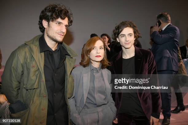 Louis Garrel, Isabelle Huppert and Thimothee Chalamet attend the Berluti Menswear Fall/Winter 2018-2019 show as part of Paris Fashion Week on January...