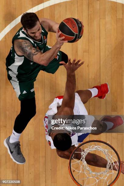 Nikos Pappas, #11 of Panathinaikos Superfoods Athens competes with Kyle Hines, #42 of CSKA Moscow during the 2017/2018 Turkish Airlines EuroLeague...