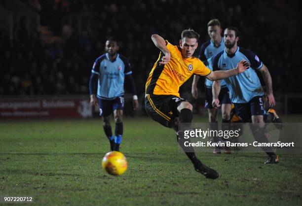 Newport County's Mickey Demetriou scores his side's second goal during the Sky Bet League Two match between Newport County and Crawley Town at Rodney...
