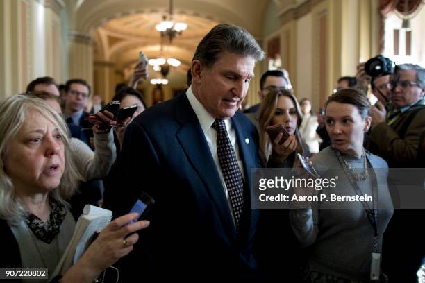 Sen. Joe Manchin speaks with reporters at the U.S. Capitol January 19, 2018 in Washington, DC. A continuing resolution to fund the government has...