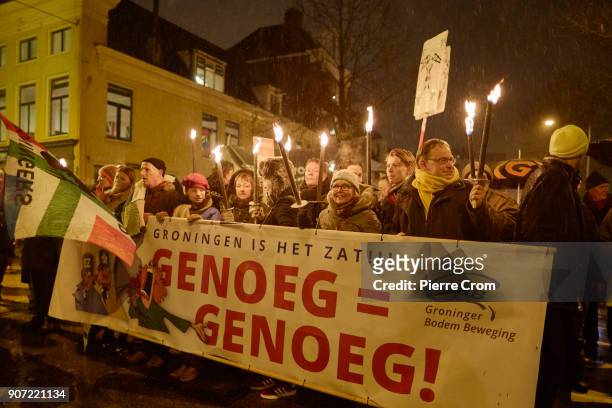 An estimated ten thousand people march during a rally against gas extraction on January 19, 2018 in Groningen, Netherlands. Frequent earthquakes due...