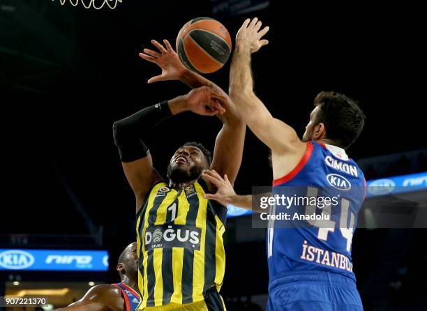 Jason Thompson of Fenerbahce Dogus in action against Krunoslav Simon of Anadolu Efes during a Turkish Airlines Euroleague week 19 basketball match...