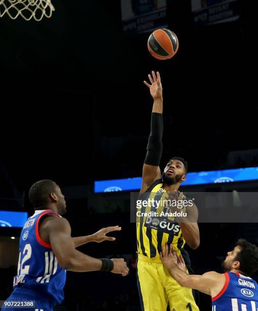 Jason Thompson of Fenerbahce Dogus in action against Bryant Dunston of Anadolu Efes during a Turkish Airlines Euroleague week 19 basketball match...