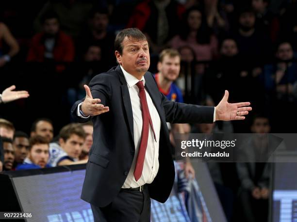 Head coach of Anadolu Efes Ergin Ataman gestures during a Turkish Airlines Euroleague week 19 basketball match between Anadolu Efes and Fenerbahce...