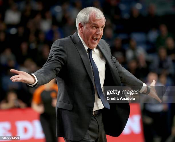 Head coach of Fenerbahce Dogus Zeljko Obrodovic gestures during a Turkish Airlines Euroleague week 19 basketball match between Anadolu Efes and...