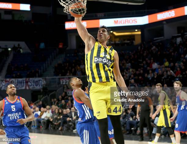 Ahmet Duverioglu of Fenerbahce Dogus in action against Bryant Dunston of Anadolu Efes during a Turkish Airlines Euroleague week 19 basketball match...