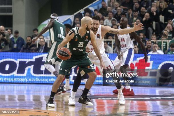 Nick Calathes of Panathinaikos Superfoods in action against Nikita Kurbanov of CSKA Moskow during the Turkish Airlines Euroleague basketball match...