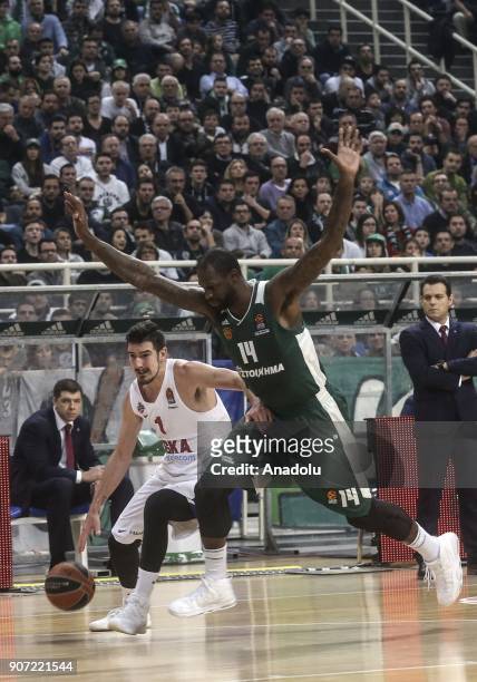 James Gist of Panathinaikos Superfoods in action against Nando De Colo of CSKA Moskow during the Turkish Airlines Euroleague basketball match between...