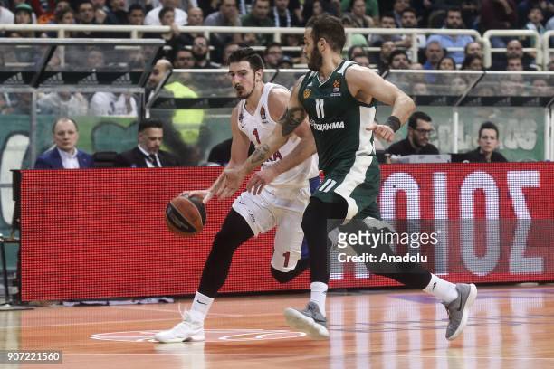 Nikos Pappas of Panathinaikos Superfoods in action against Nando De Colo of CSKA Moskow during the Turkish Airlines Euroleague basketball match...