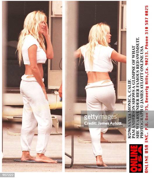 8/2/96 SANTA MONICA, CALIF PAMELA ANDERSON SHOWS US A SMALL GLIMPSE OF THE SKIMPY UNDERWEAR WHICH SHE WEARS UNDER HER BAYWATCH SWIMSUIT