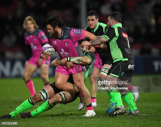 Gloucester Josh Hohneck is stopped by the Paloise defence during the European Rugby Challenge Cup match between Gloucester and Section Paloise at...