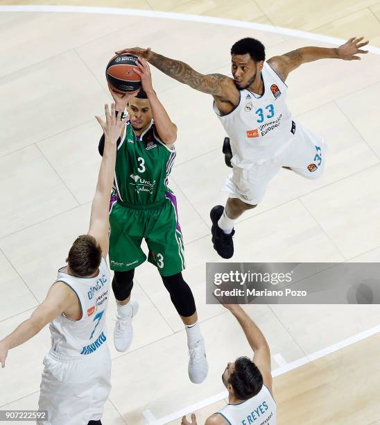 Trey Thompkins, #33 of Real Madrid in action during the 2017/2018 Turkish Airlines EuroLeague Regular Season game between Unicaja Malaga and Real...