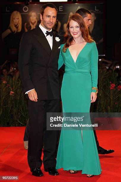 Director Tom Ford and actress Julianne Moore attend the "A Single Man" premiere at the Sala Grande during the 66th Venice Film Festival on September...