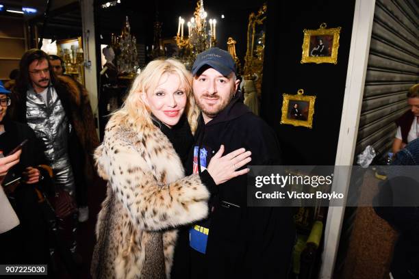 Courney Love and Demna Gvasalia attend the Vetements Menswear Fall/Winter 2018-2019 show as part of Paris Fashion Week on January 19, 2018 in Paris,...