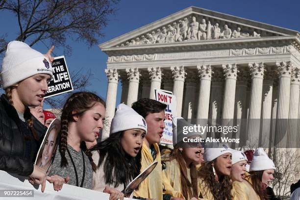 Pro-life activists participate in the 2018 March for Life as they pass in front of the U.S. Supreme Court January 19, 2018 in Washington, DC....