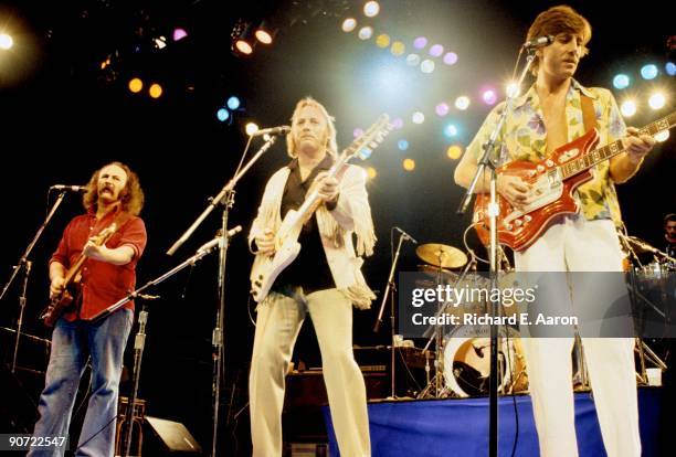 David Crosby Stephen Stills and Graham Nash perform as Crosby, Stills and Nash live on stage at the No Nukes Concert at Madison Square Garden, New...