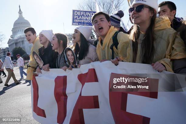 Pro-life activists participate in the 2018 March for Life as they pass in front of the U.S. Capitol January 19, 2018 in Washington, DC. Activists...