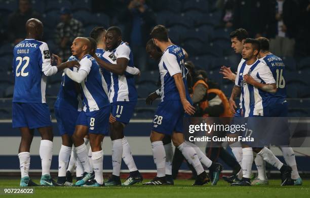 Porto forward Moussa Marega from Mali celebrates with teammates after scoring a goal during the Primeira Liga match between FC Porto and CD Tondela...