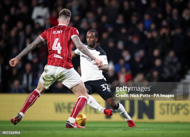 Derby County's Cameron Jerome goes down inside the box following a tackle from Bristol City's Aden Flint, but no penalty is given, during the Sky Bet...