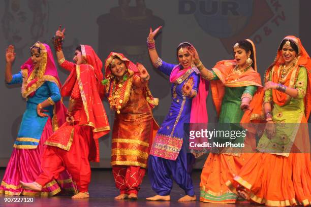 Contestants compete in the Giddha folk dance segment during the Miss World Punjaban beauty pageant held in Mississauga, Ontario, Canada on 11...