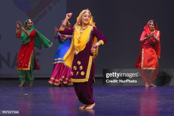 Contestants compete in the Giddha folk dance segment during the Miss World Punjaban beauty pageant held in Mississauga, Ontario, Canada on 11...