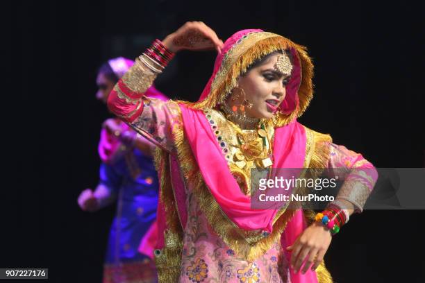 Contestants compete in the Giddha folk dance segment during the Miss World Punjaban beauty pageant held in Mississauga, Ontario, Canada on 11...
