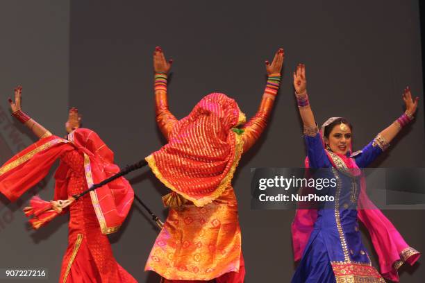 Contestants compete in the Giddha folk dance segment during the Miss World Punjaban beauty pageant held in Mississauga, Ontario, Canada on 11...