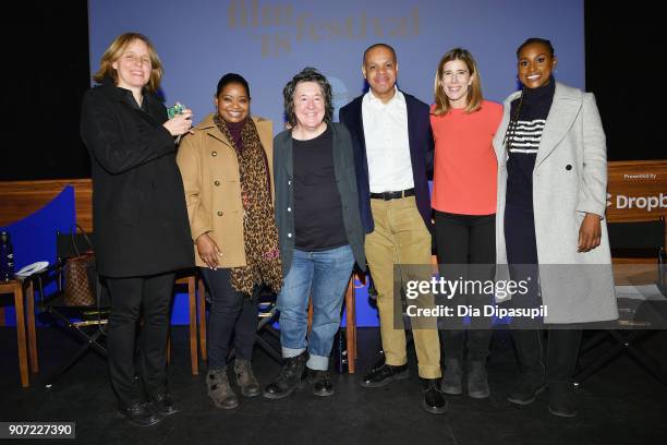 Megan Smith, Octavia Spencer, Christine Vachon, Patrick Gaspard, Sarah Ellison and Issa Rae pose onstage at the Power Of Story Panel: Culture Shift...