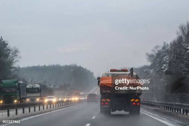 Traffic jam at the Tricity ringroad is seen in Gdansk, Poland on 19 January 2018 Heavy snow fall and wind Power has been cut to some 30,000 Polish...