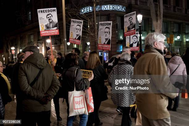 In Las Ramblas of Barcelona, Catalonia, Spain, people march showing posters of imprisoned politicians and pro- independentist leaders on 19 January,...