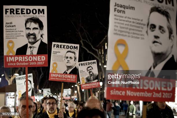 In Las Ramblas of Barcelona, Catalonia, Spain, people march showing posters of imprisoned politicians and pro- independentist leaders on 19 January,...