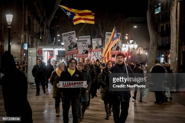In Las Ramblas of Barcelona, Catalonia, Spain, people march showing posters of imprisoned politicians and pro- independentist leaders on 19 January,...