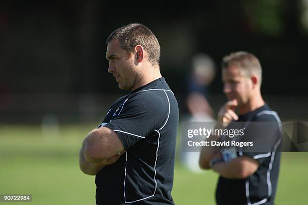 Trevor Woodman forwards coach of Wasps pictured with head coach Tony Hanks during the Guinness Premiership match between Bath and London Wasps at the...