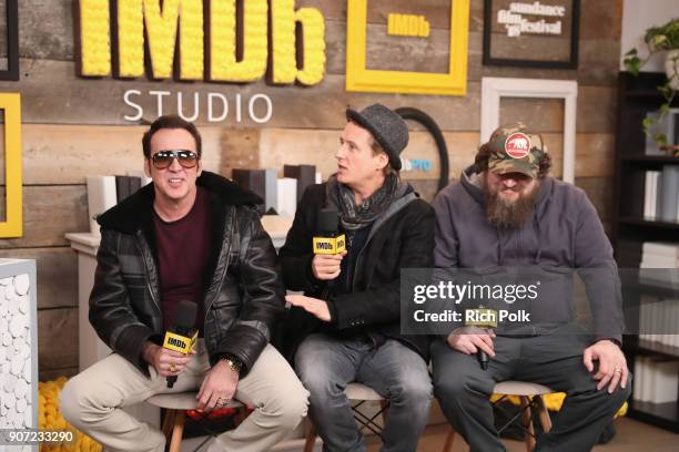 Actors Nicolas Cage, Linus Roache and director Panos Cosmatos of 'Mandy' attend The IMDb Studio and The IMDb Show on Location at The Sundance Film...