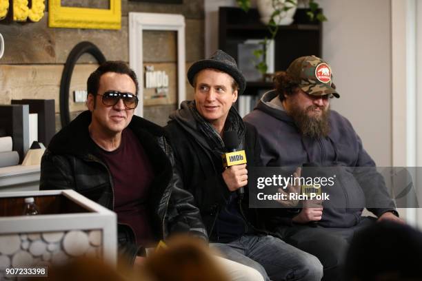 Actors Nicolas Cage, Linus Roache and director Panos Cosmatos of 'Mandy' attend The IMDb Studio and The IMDb Show on Location at The Sundance Film...