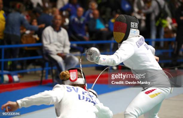 Beate Christmann of Germany fences against Yuliya Svystil of the Ukraine during competition at the Women's Epee World Cup on January 19, 2018 at the...