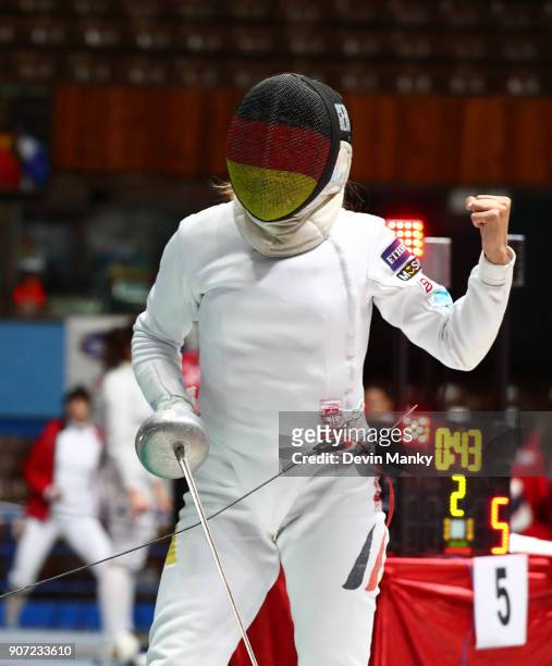 Monika Sozanska of Germany celebrates making a touch during competition at the Women's Epee World Cup on January 19, 2018 at the Coliseo de la Ciudad...