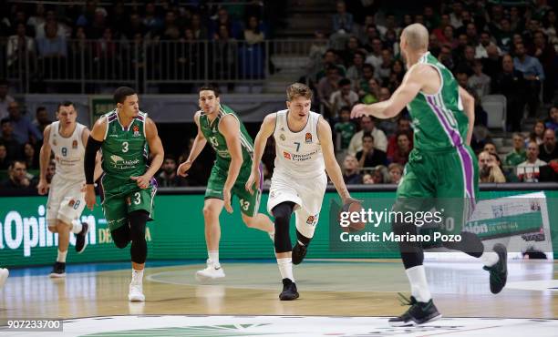 Luka Doncic, #7 of Real Madrid in action during the 2017/2018 Turkish Airlines EuroLeague Regular Season game between Unicaja Malaga and Real Madrid...