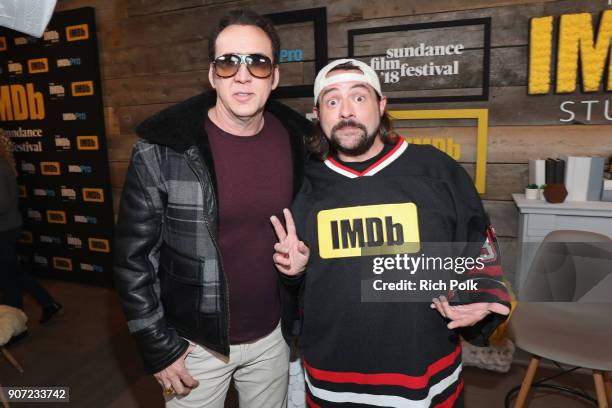 Actor Nicolas Cage and host Kevin Smith attend The IMDb Studio and The IMDb Show on Location at The Sundance Film Festival on January 19, 2018 in...