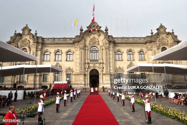 Pope Fracis attends a ceremony at the Presidential Palace in Lima on January 19, 2018. Pope Francis is back in Lima after meeting with thousands of...