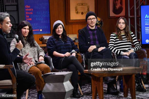 Eugene Hernandez, Debra Granik, Lynne Ramsay, Paul Dano and Zoe Kazan speak onstage at the Panel: Adaptation during the 2018 Sundance Film Festival...