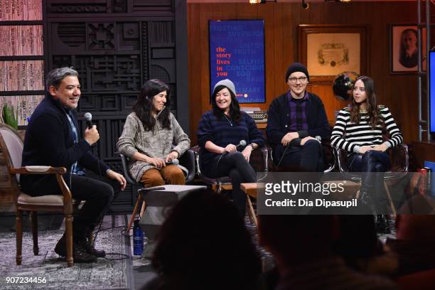 Eugene Hernandez, Debra Granik, Lynne Ramsay, Paul Dano and Zoe Kazan speak onstage at the Panel: Adaptation during the 2018 Sundance Film Festival...