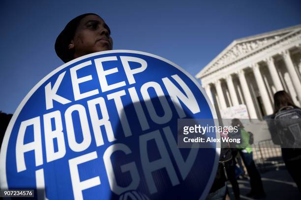 Pro-choice activist holds a sign as she counter-protests in front of the the U.S. Supreme Court during the 2018 March for Life January 19, 2018 in...