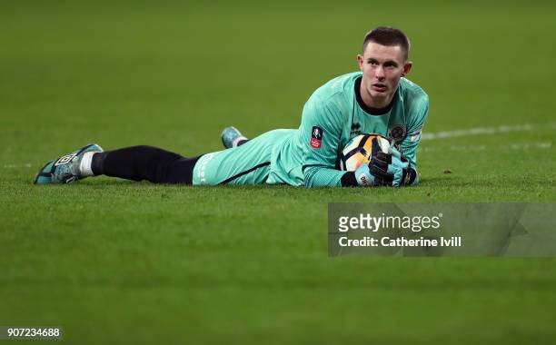 Dean Henderson of Shrewsbury Town during the Emirates FA Cup Third Round Replay match between West Ham United and Shrewsbury Town at London Stadium...