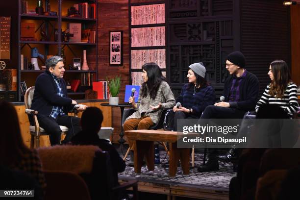 Eugene Hernandez, Debra Granik, Lynne Ramsay, Paul Dano and Zoe Kazan speak onstage at the Panel: Adaptation during the 2018 Sundance Film Festival...