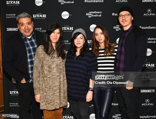 Eugene Hernandez, Debra Granik, Lynne Ramsay, Zoe Kazan and Paul Dano attend the Panel: Adaptation during the 2018 Sundance Film Festival at...