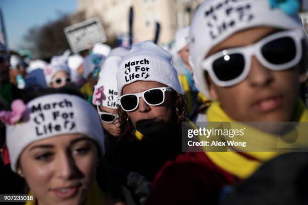 Pro-life activists participate in the 2018 March for Life January 19, 2018 in Washington, DC. Activists gathered in the nation's capital for the...