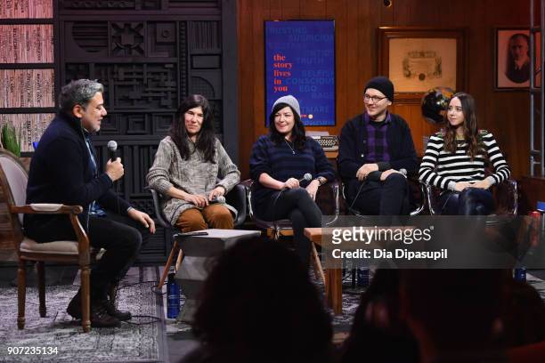 Eugene Hernandez, Debra Granik, Lynne Ramsay, Paul Dano and Zoe Kazan speak onstage at the Panel: Adaptation during the 2018 Sundance Film Festival...