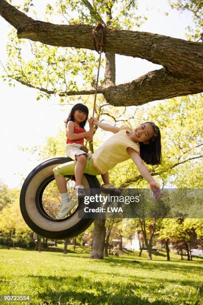 sisters playing on tire swing - tire swing stock pictures, royalty-free photos & images